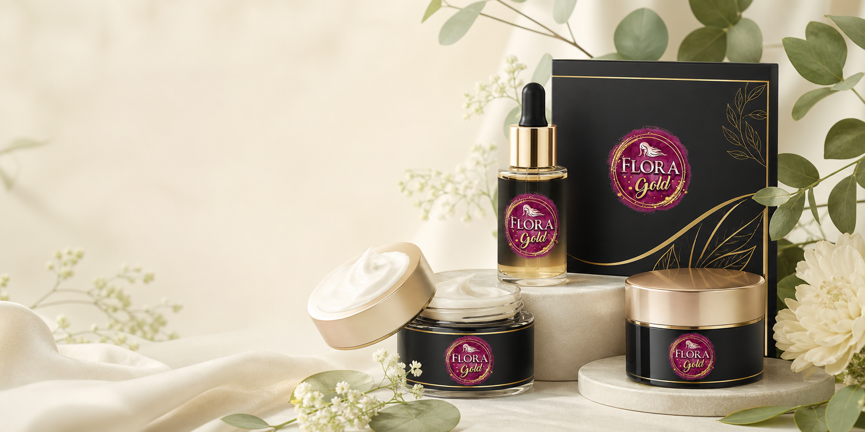 Flora Gold skincare products with matching logo packaging on a soft botanical cream background